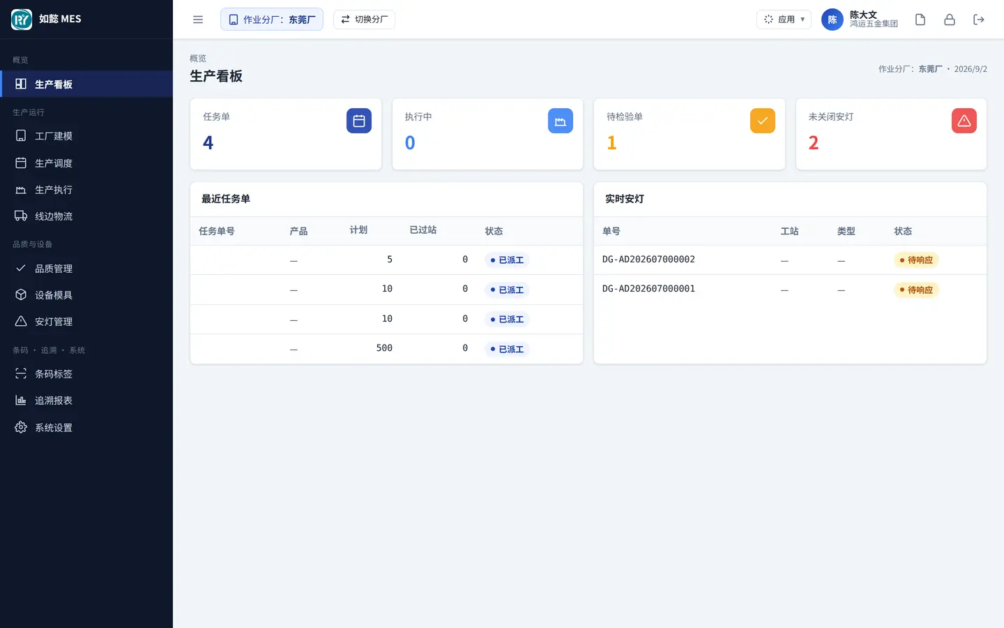 MES 制造执行系统 · 界面截图